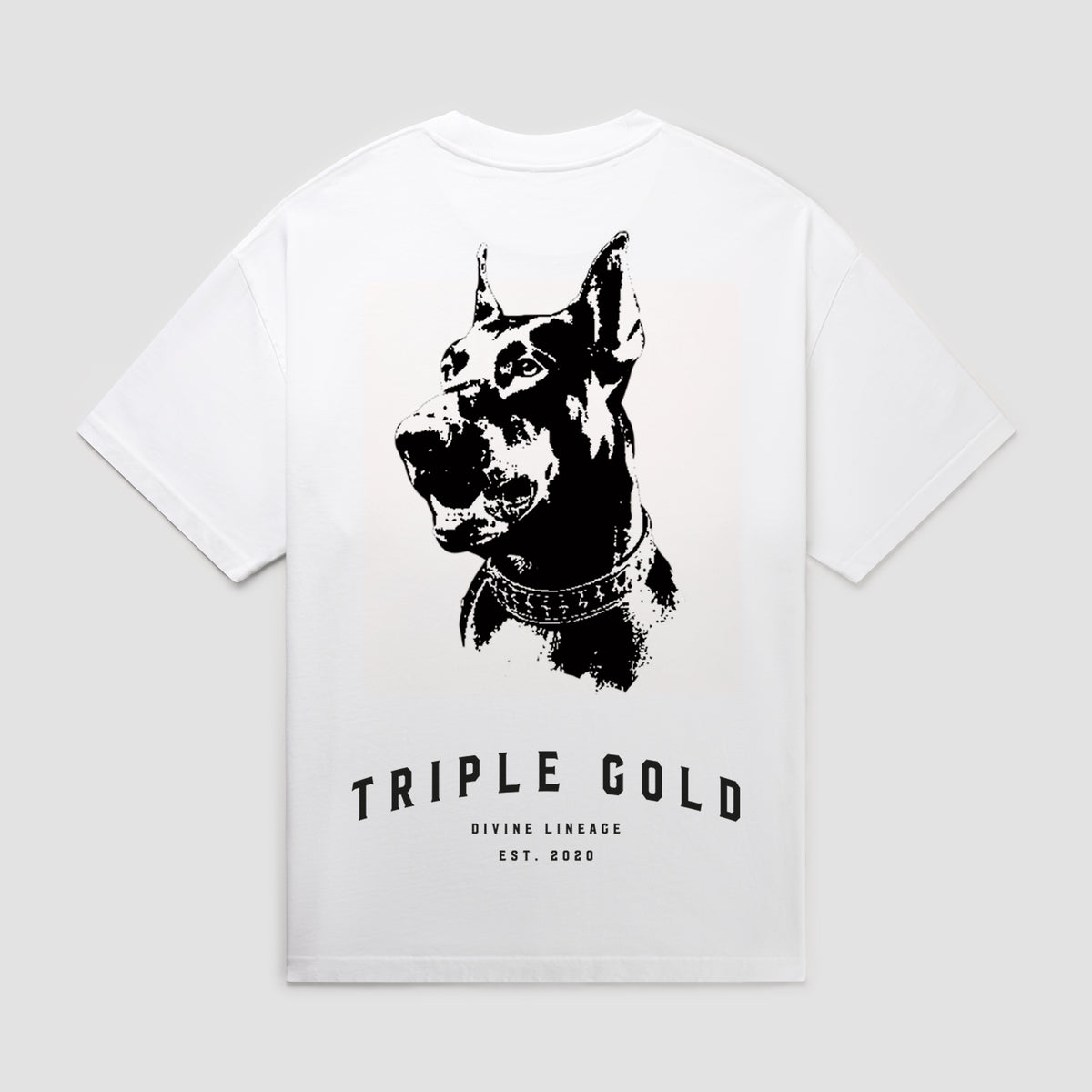 Vintage white t-shirt with black dog graphic and 'Triple Gold' text 