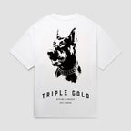 Vintage white t-shirt with black dog graphic and 'Triple Gold' text 
