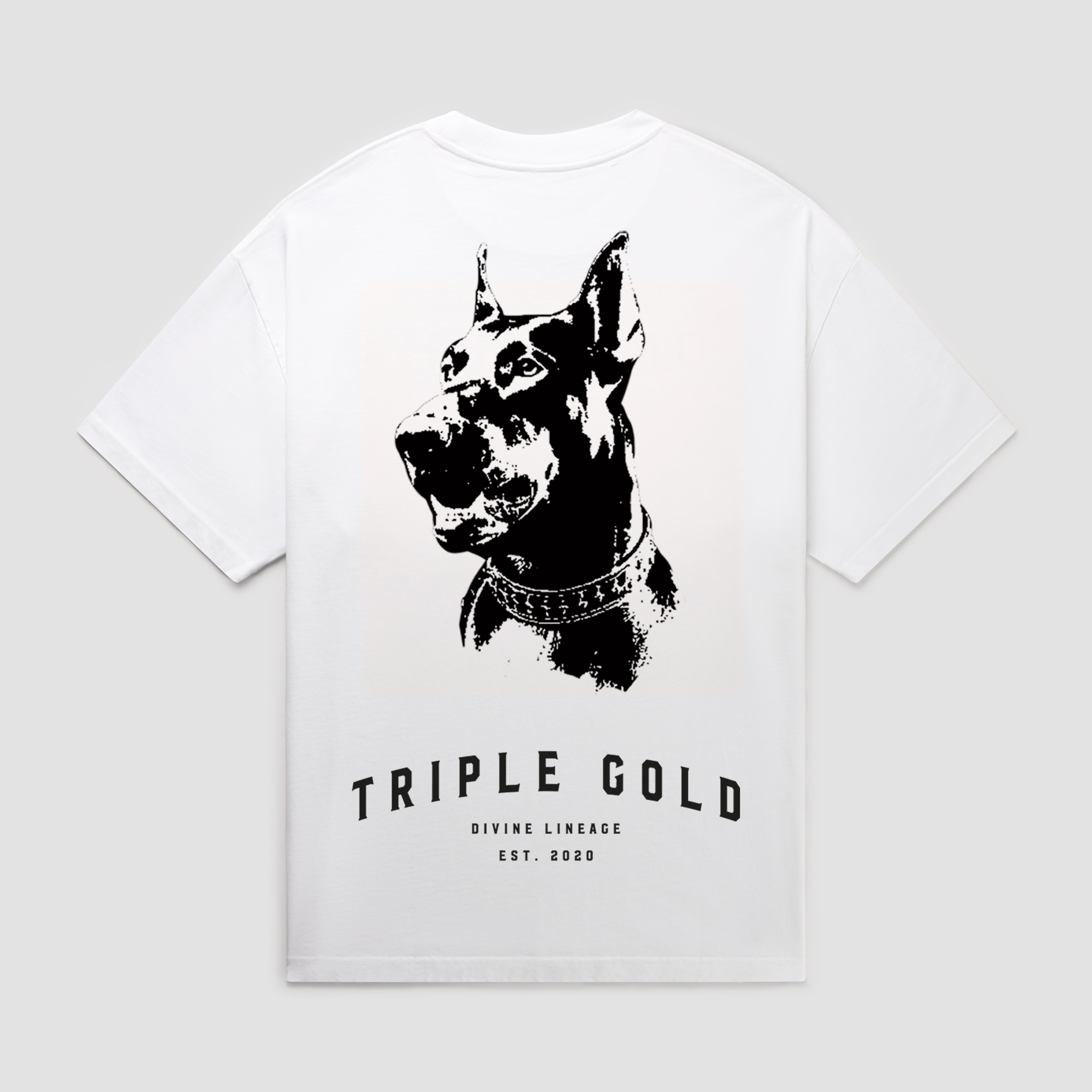 Vintage white t-shirt with black dog graphic and 'Triple Gold' text 