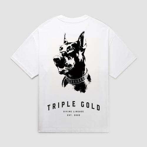 Vintage white t-shirt with black dog graphic and 'Triple Gold' text 